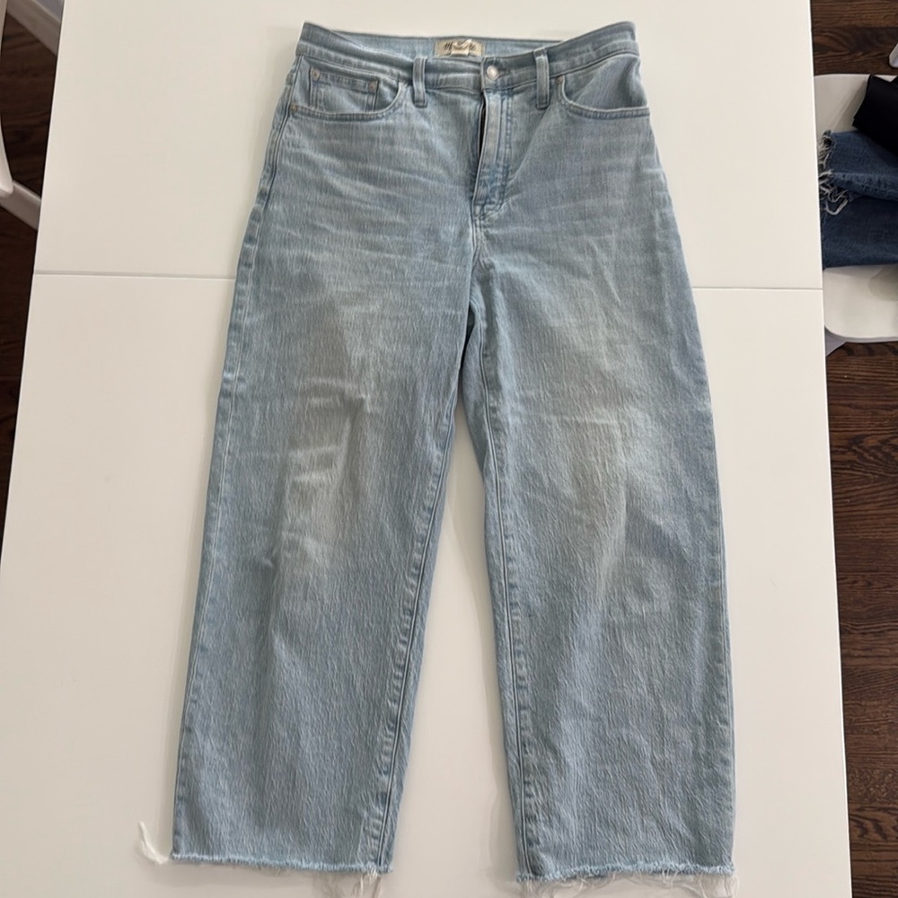 Madewell light wash wide leg jeans.